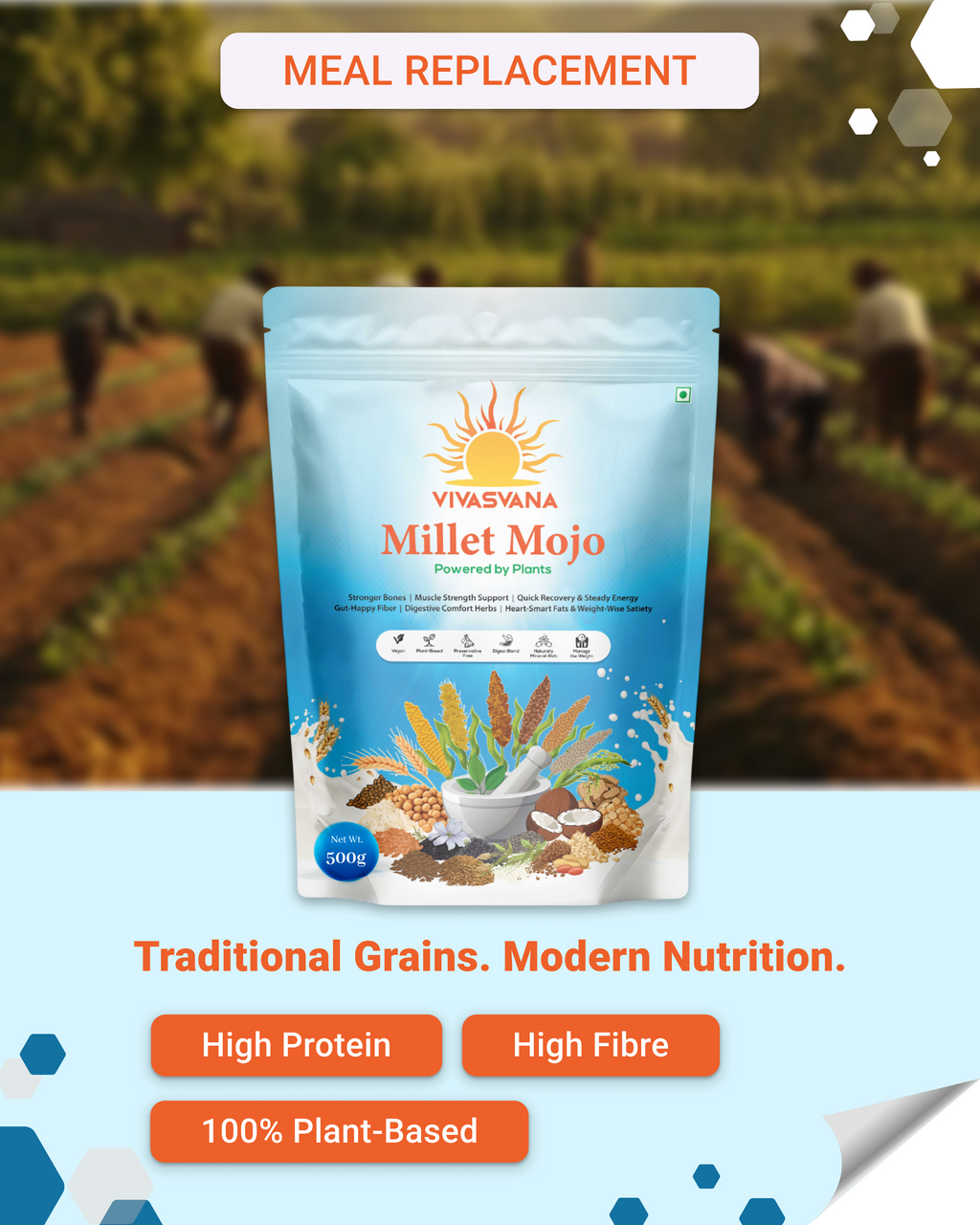 Vivasvana Millet Mojo | High Protein Plant-Based Meal Replacement | Ancient Millet Superfood for Strength, Energy & Recovery | 500g